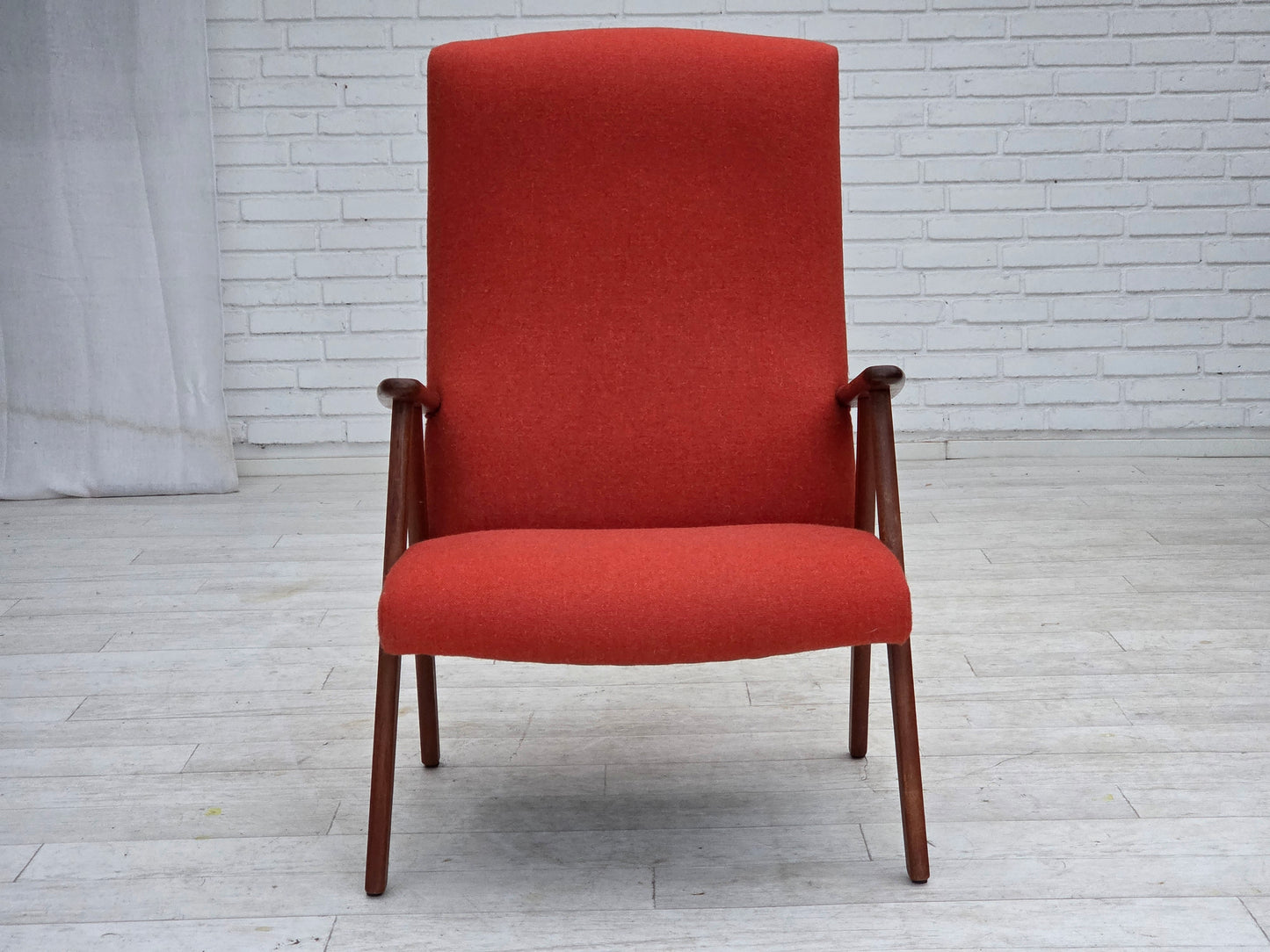 1970s, Danish highback armchair, orange furniture wool, teak wood, oak wood.
