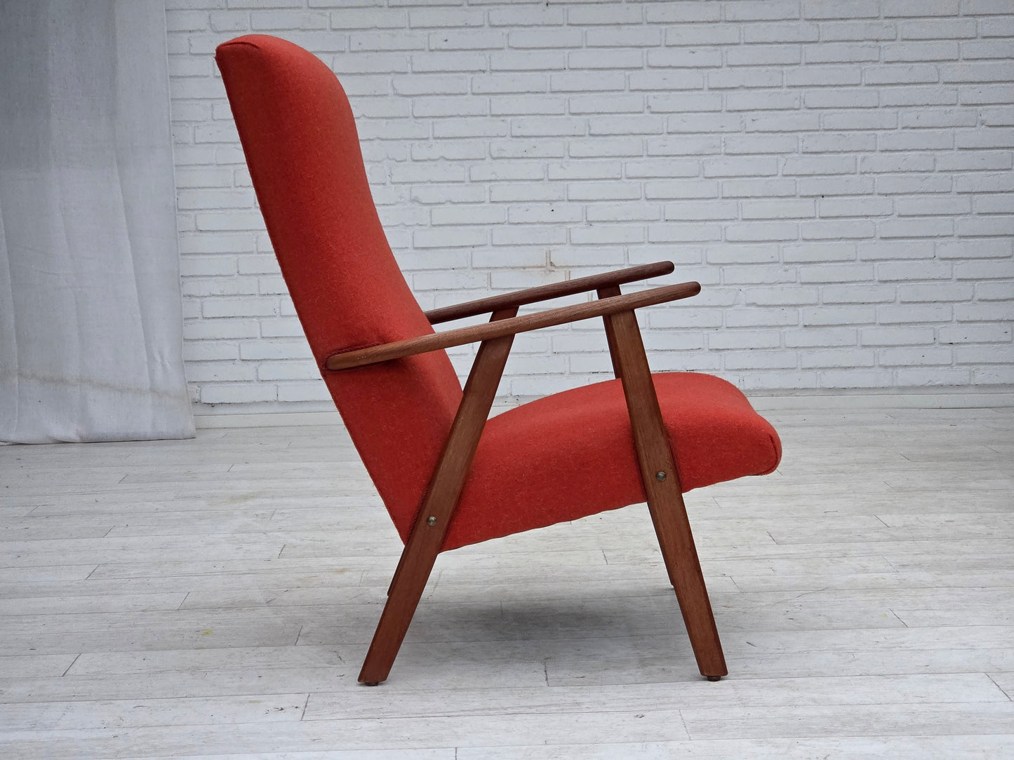 1970s, Danish highback armchair, orange furniture wool, teak wood, oak wood.