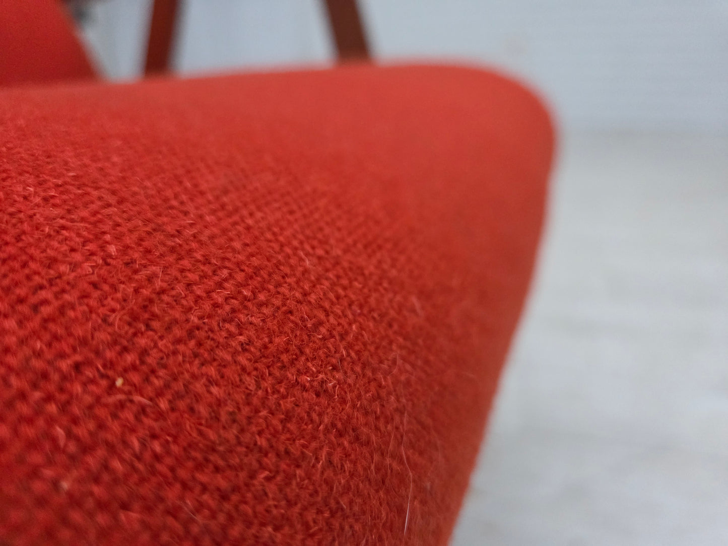 1970s, Danish highback armchair, orange furniture wool, teak wood, oak wood.