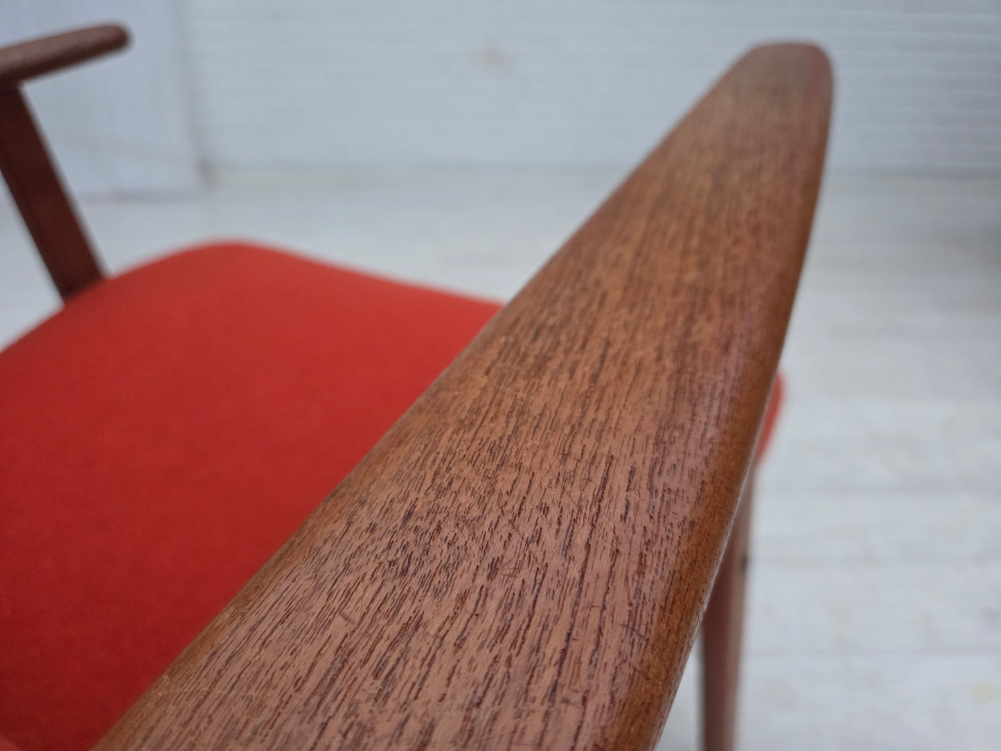 1970s, Danish highback armchair, orange furniture wool, teak wood, oak wood.