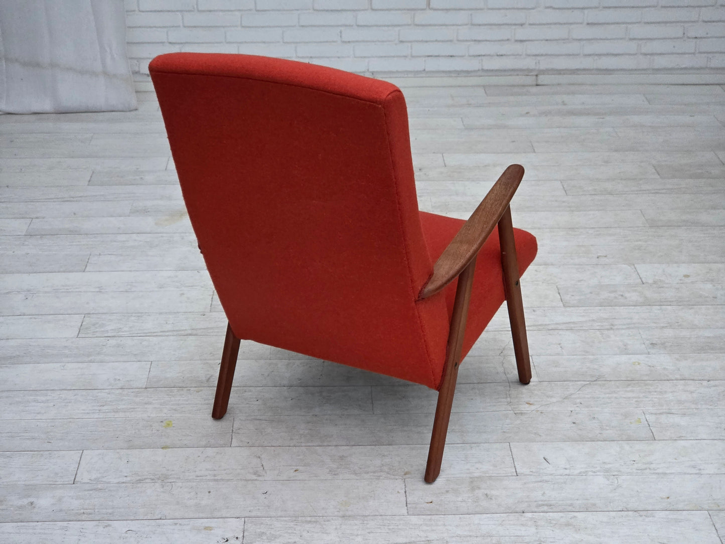1970s, Danish highback armchair, orange furniture wool, teak wood, oak wood.