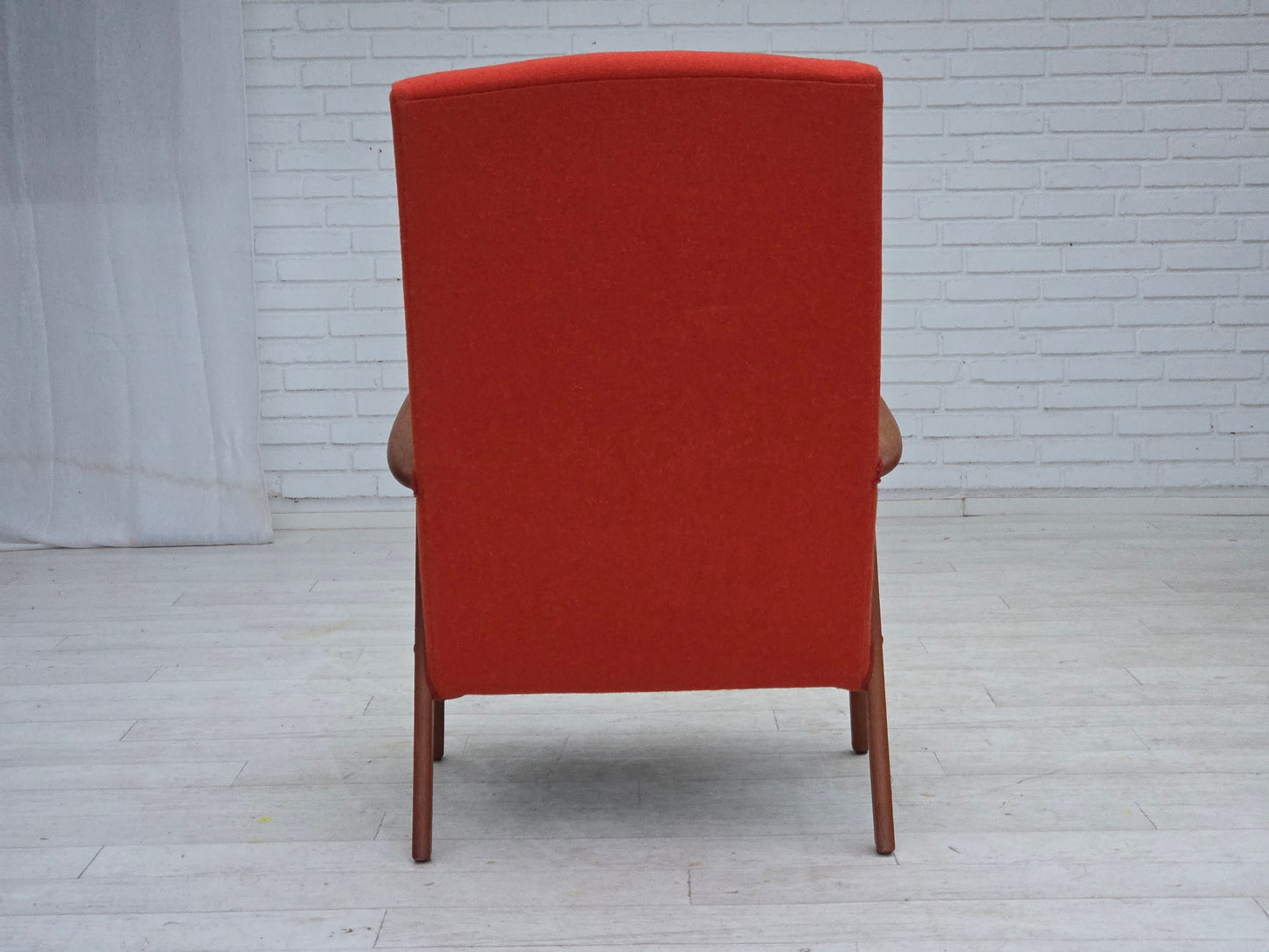1970s, Danish highback armchair, orange furniture wool, teak wood, oak wood.