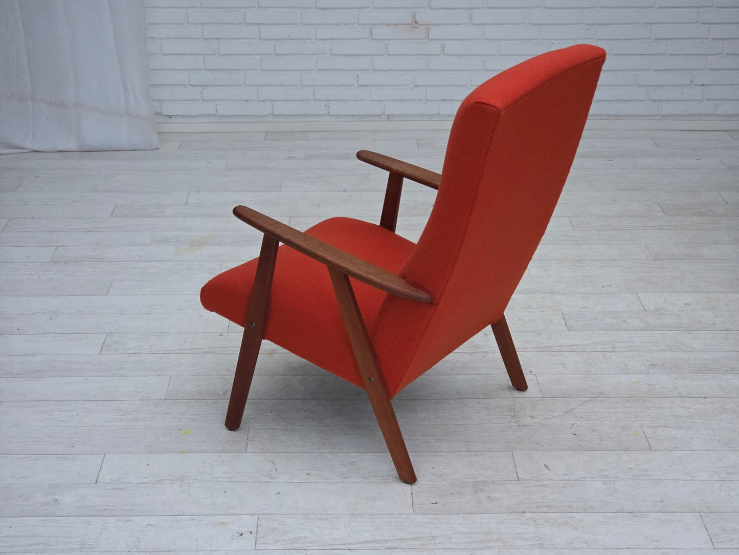 1970s, Danish highback armchair, orange furniture wool, teak wood, oak wood.