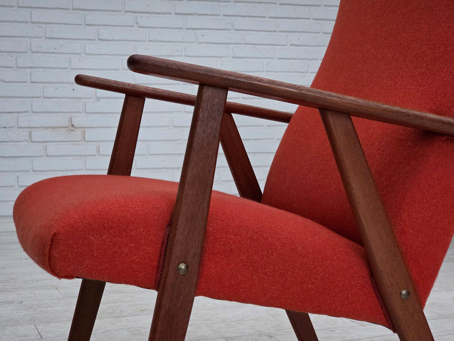 1970s, Danish highback armchair, orange furniture wool, teak wood, oak wood.