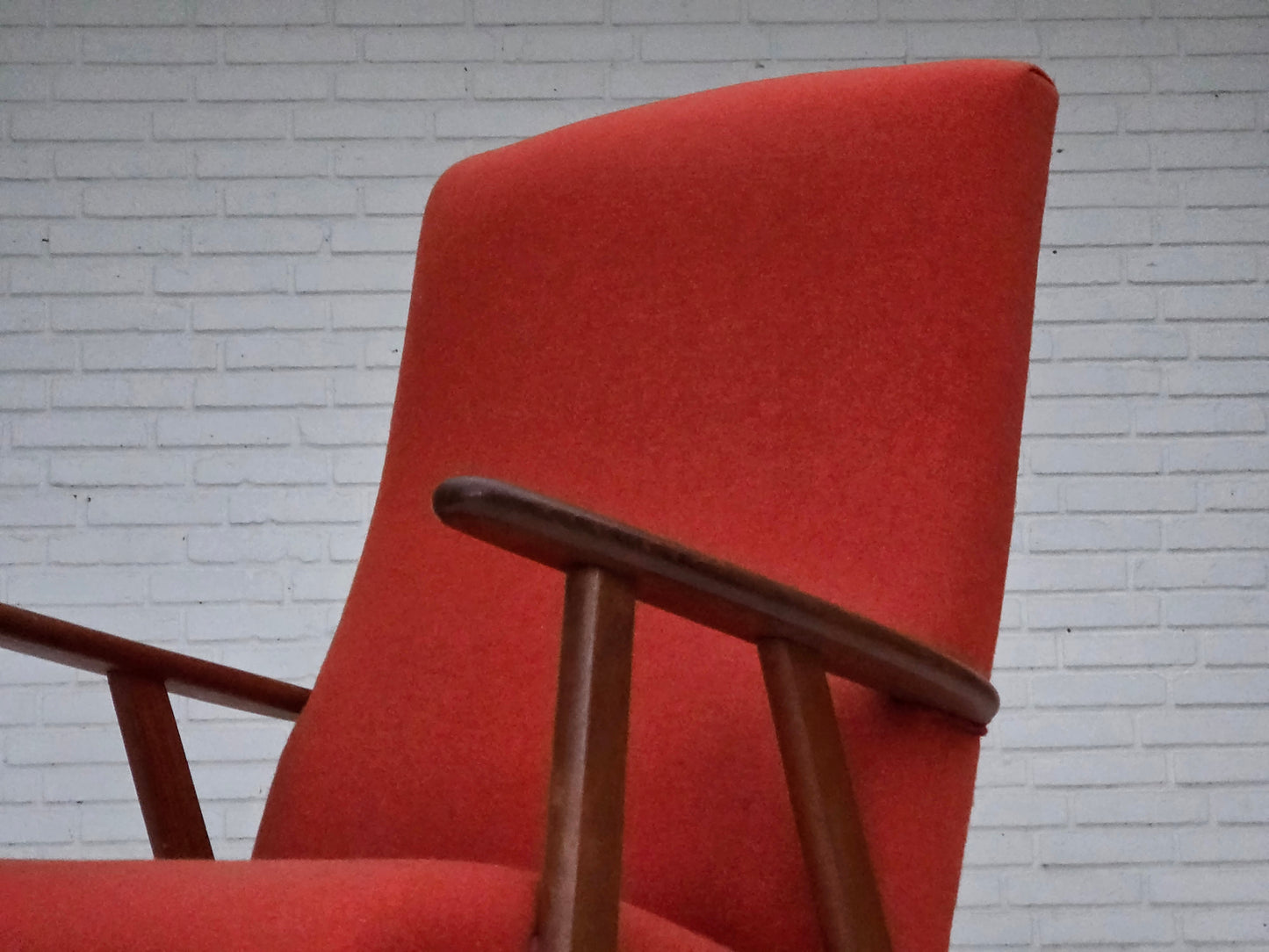 1970s, Danish highback armchair, orange furniture wool, teak wood, oak wood.