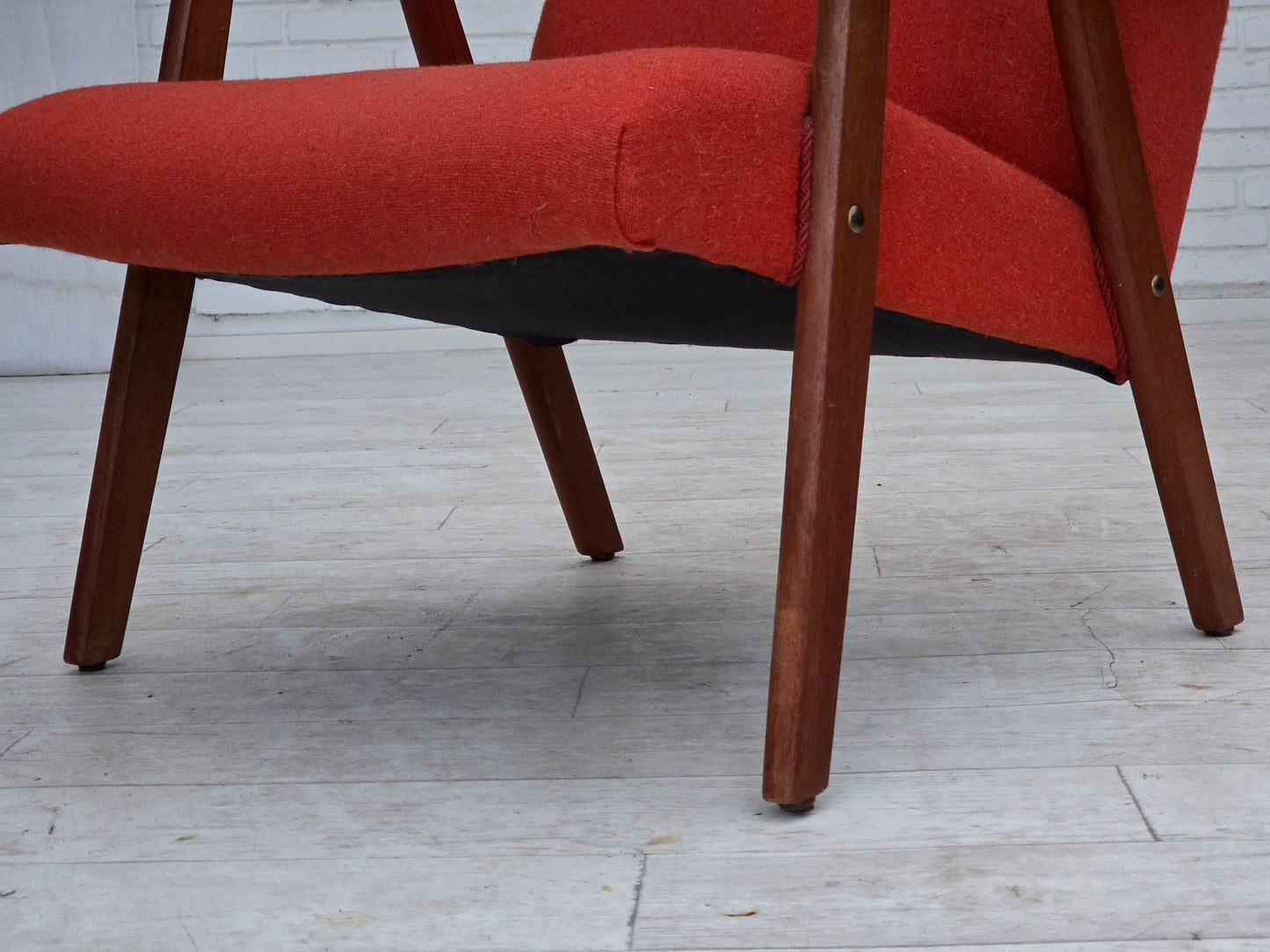 1970s, Danish highback armchair, orange furniture wool, teak wood, oak wood.