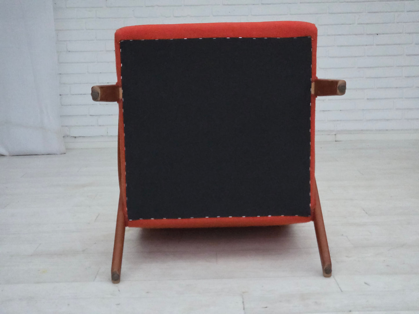 1970s, Danish highback armchair, orange furniture wool, teak wood, oak wood.