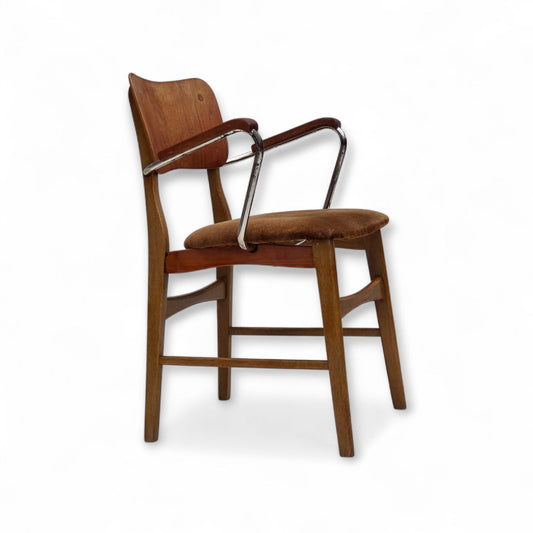 1960s, Danish armchair, furniture velour, teak wood armrests, chrome steel.
