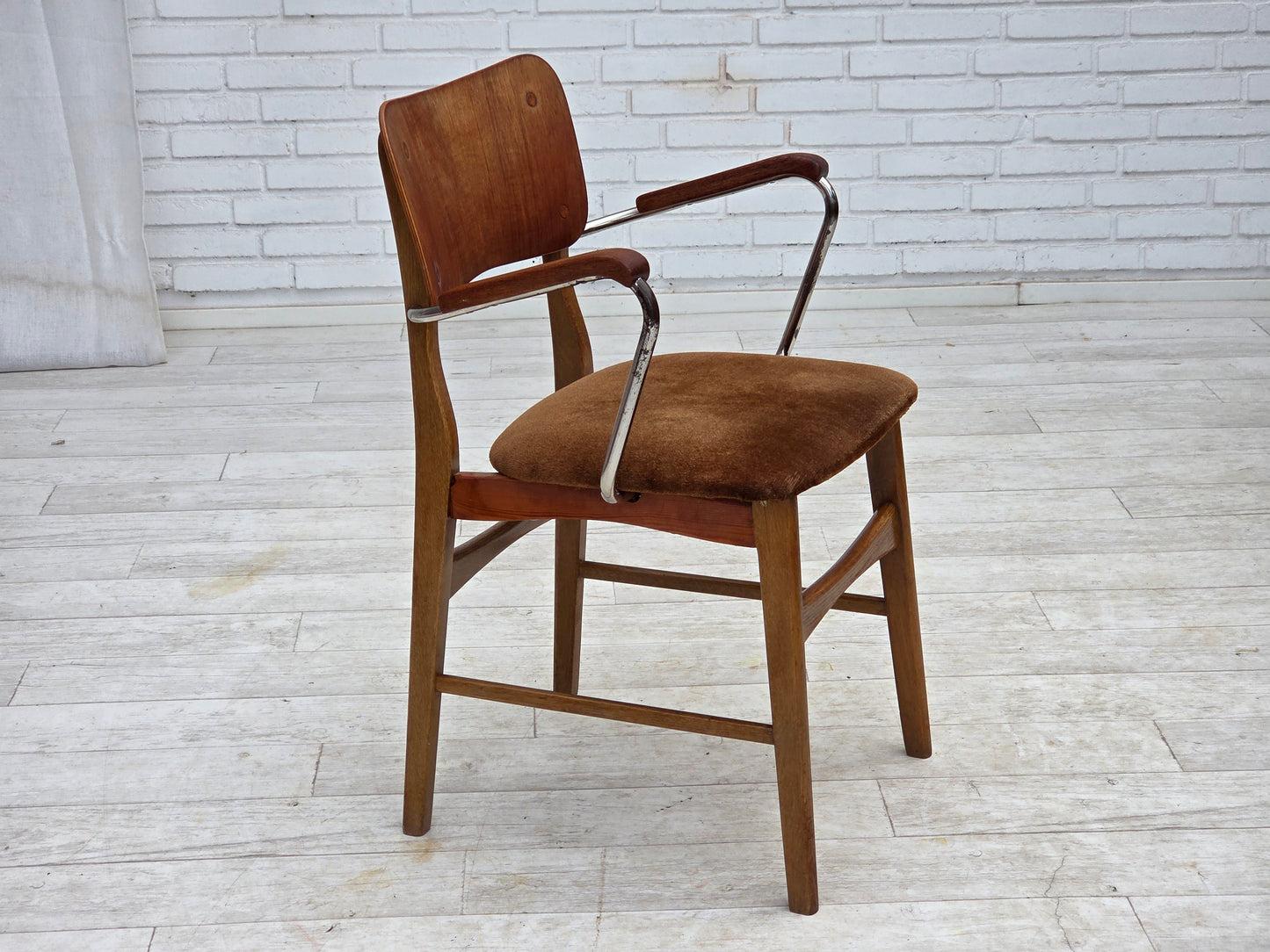 1960s, Danish armchair, furniture velour, teak wood armrests, chrome steel.