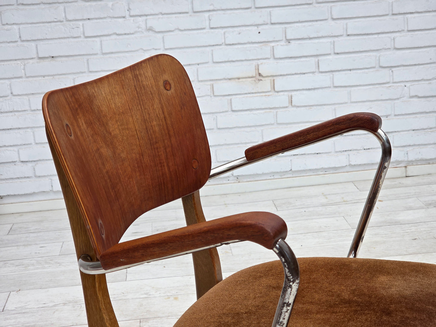 1960s, Danish armchair, furniture velour, teak wood armrests, chrome steel.