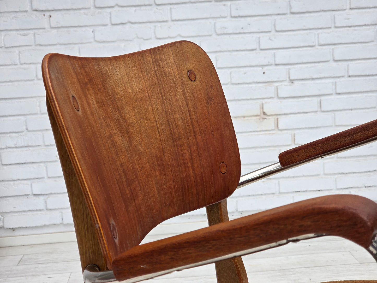 1960s, Danish armchair, furniture velour, teak wood armrests, chrome steel.