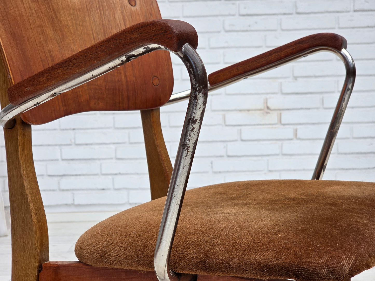 1960s, Danish armchair, furniture velour, teak wood armrests, chrome steel.