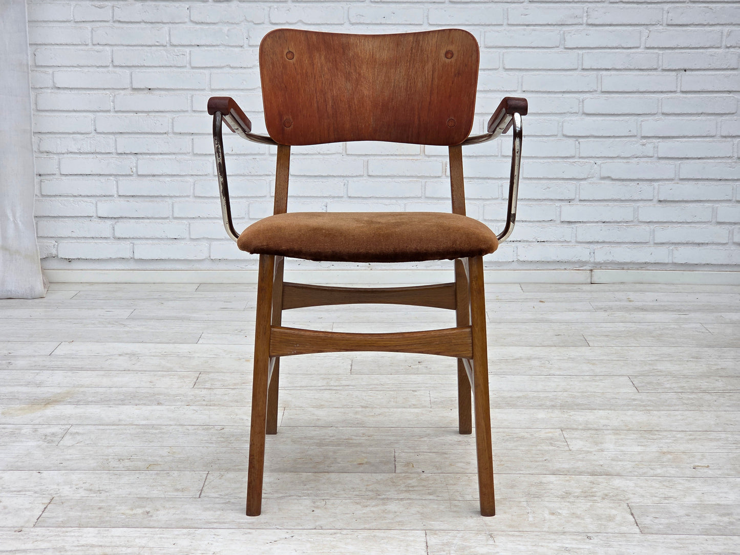 1960s, Danish armchair, furniture velour, teak wood armrests, chrome steel.