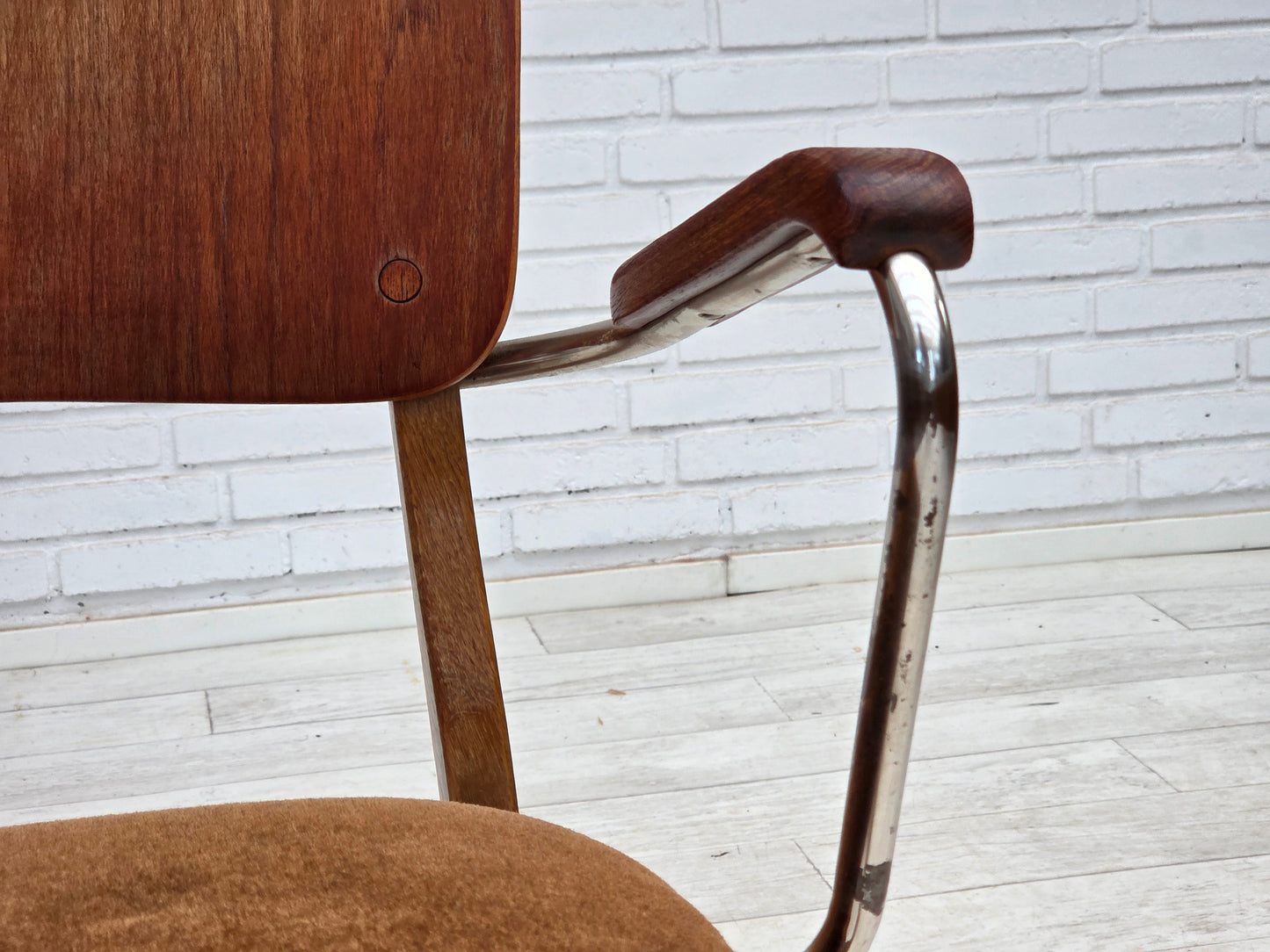 1960s, Danish armchair, furniture velour, teak wood armrests, chrome steel.