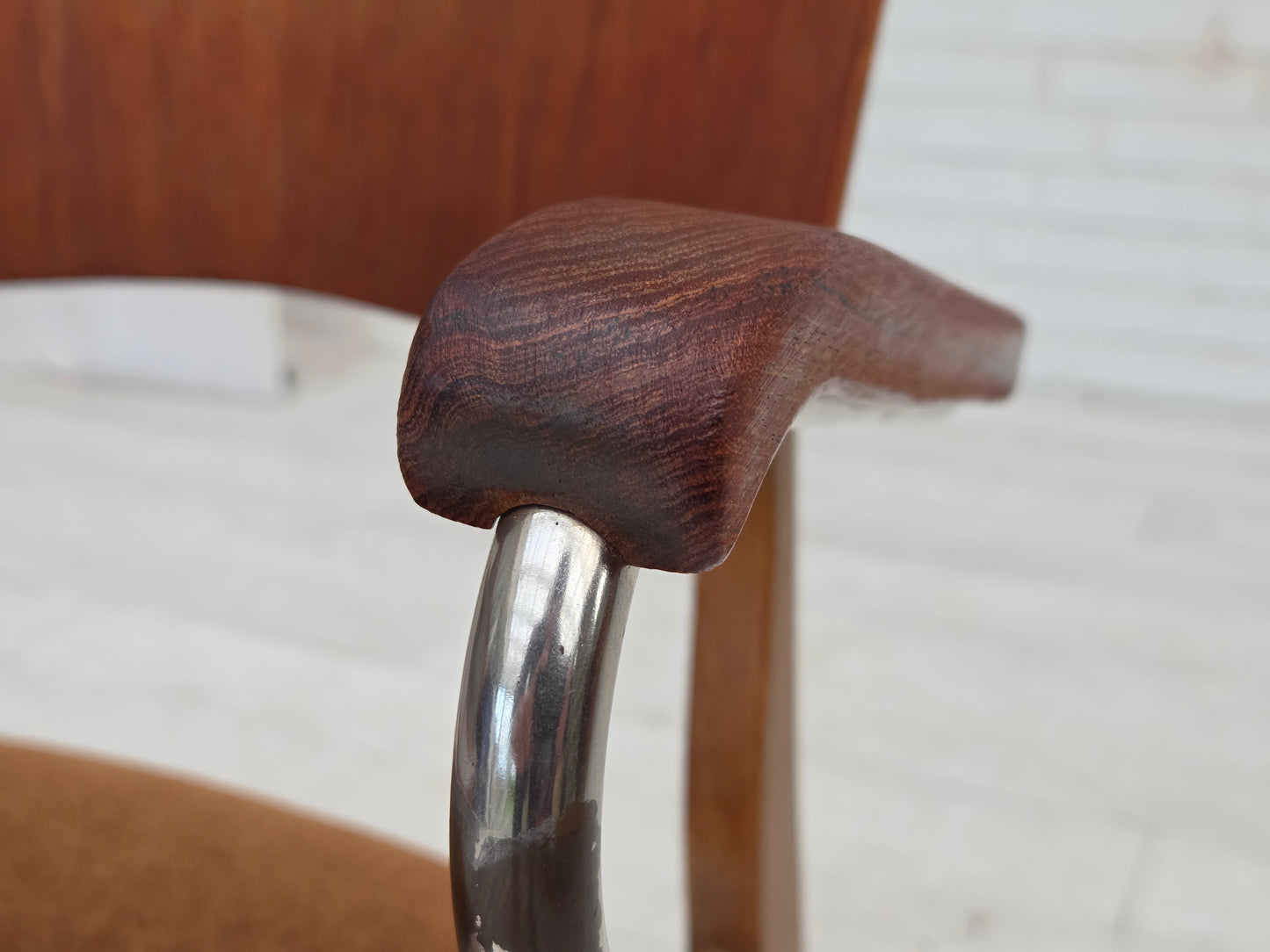 1960s, Danish armchair, furniture velour, teak wood armrests, chrome steel.