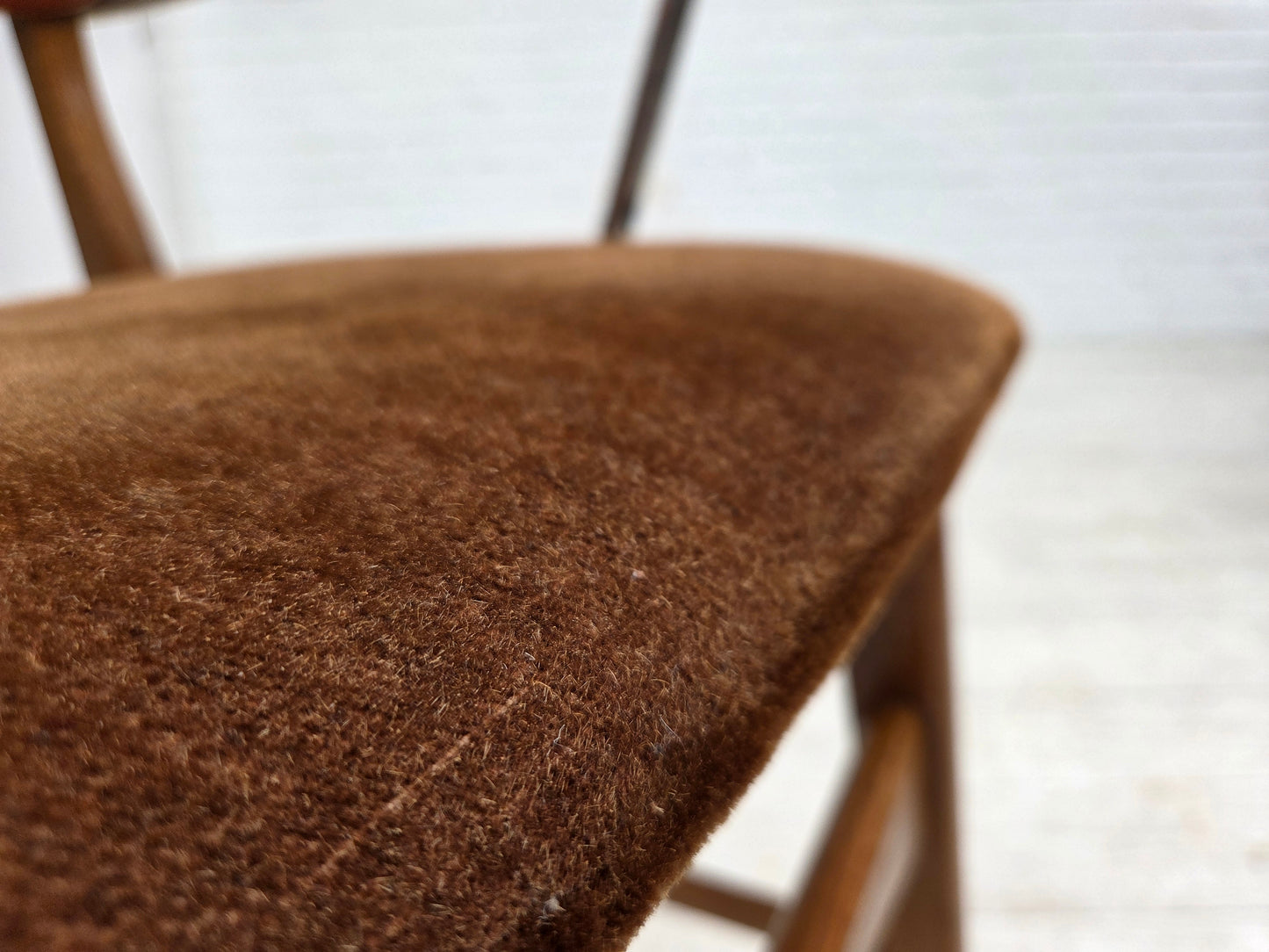 1960s, Danish armchair, furniture velour, teak wood armrests, chrome steel.