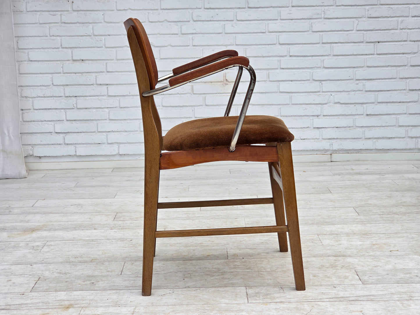 1960s, Danish armchair, furniture velour, teak wood armrests, chrome steel.