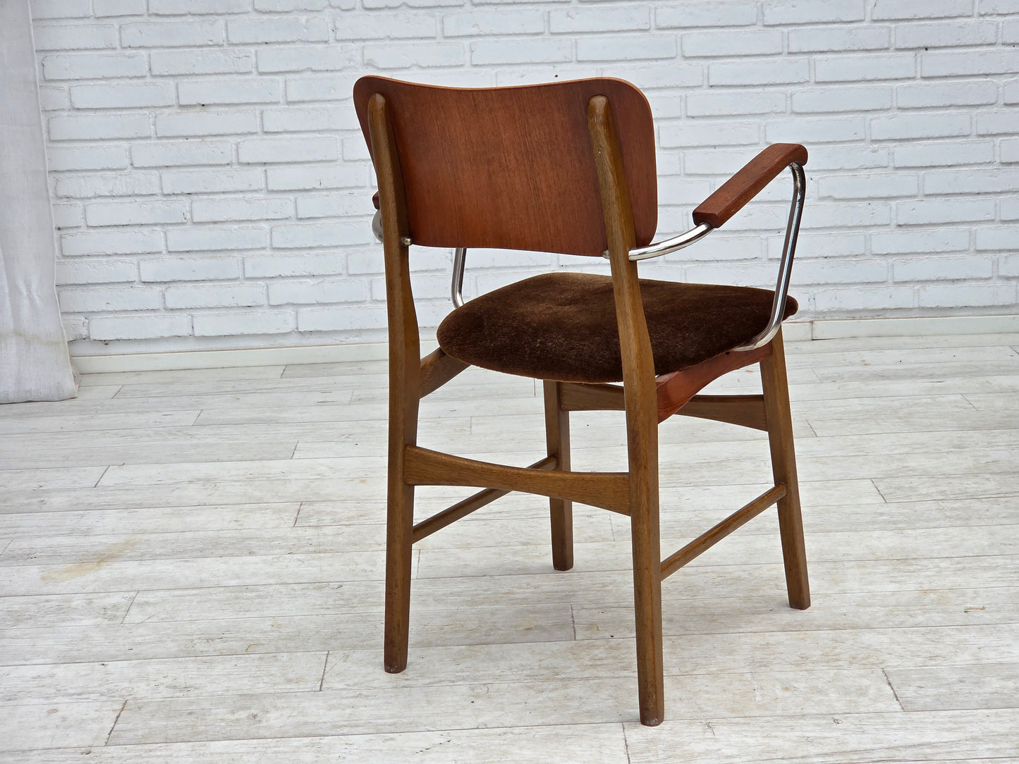 1960s, Danish armchair, furniture velour, teak wood armrests, chrome steel.