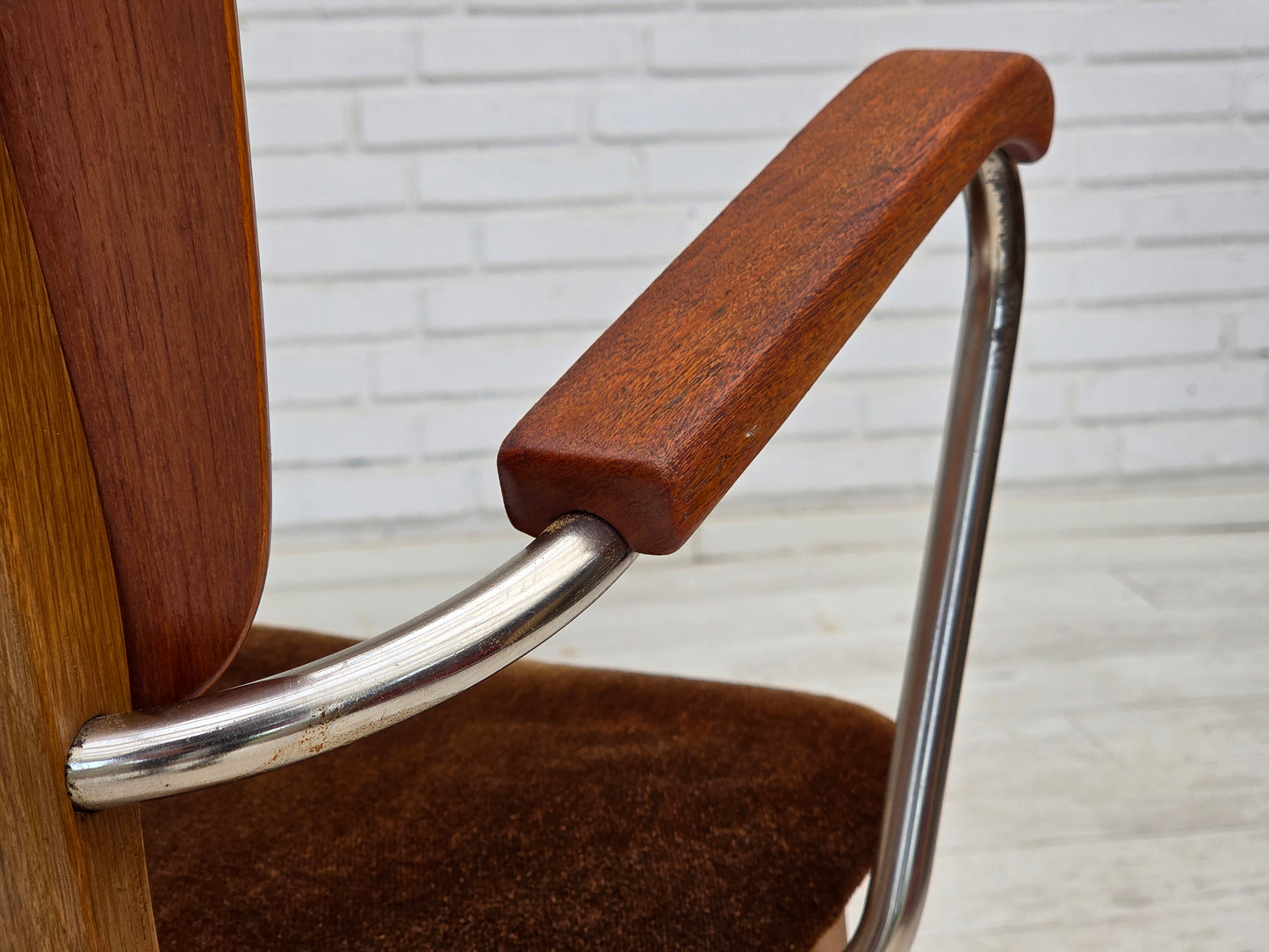 1960s, Danish armchair, furniture velour, teak wood armrests, chrome steel.