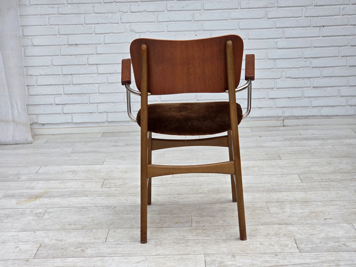 1960s, Danish armchair, furniture velour, teak wood armrests, chrome steel.