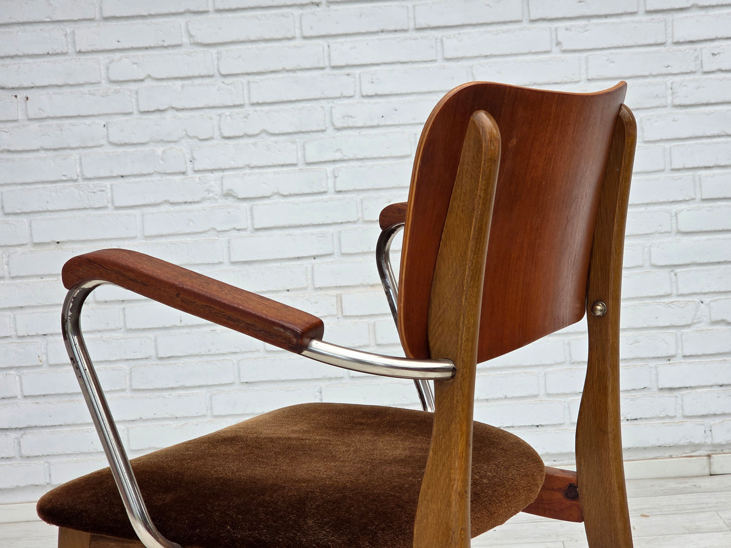 1960s, Danish armchair, furniture velour, teak wood armrests, chrome steel.
