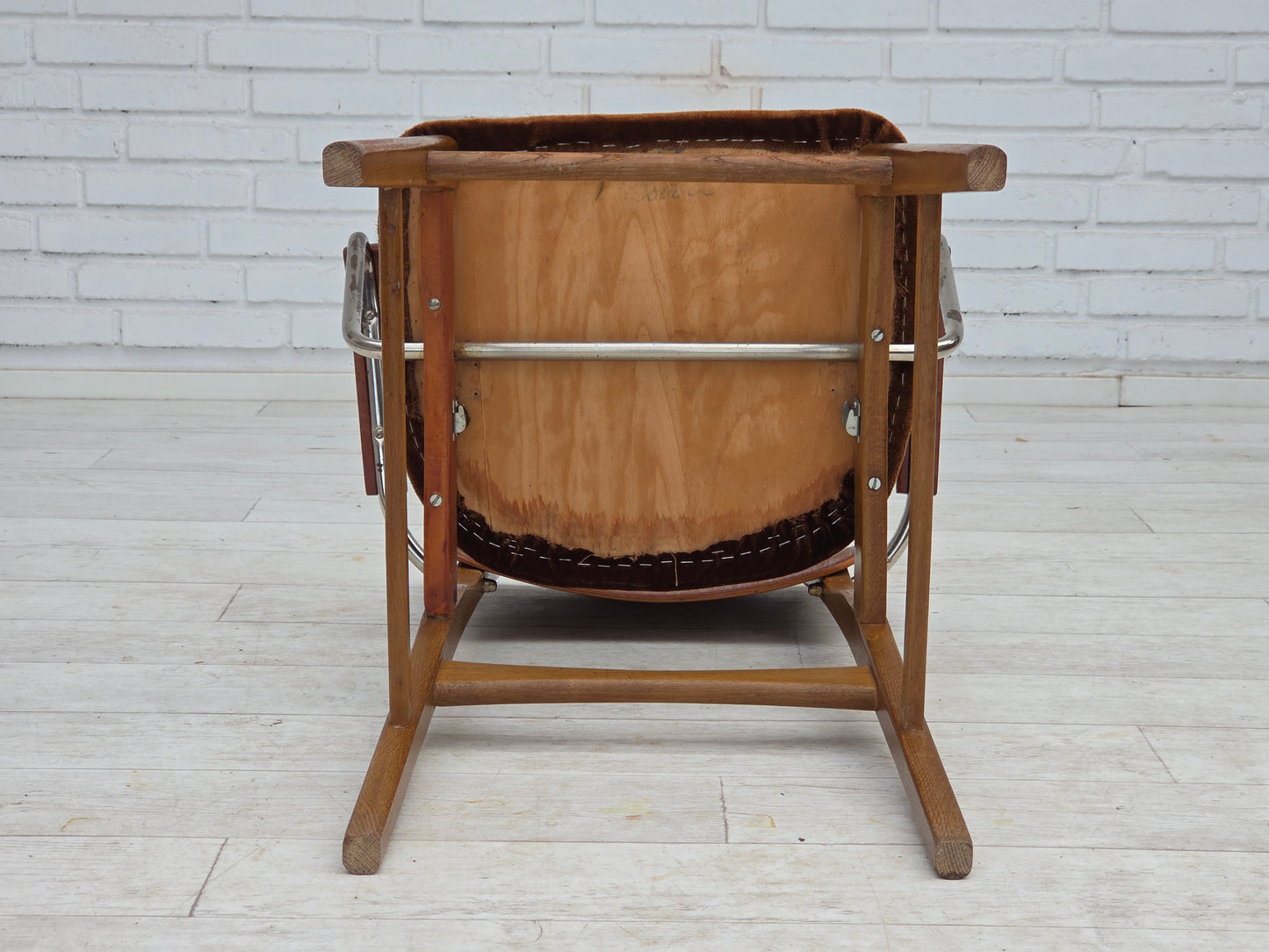 1960s, Danish armchair, furniture velour, teak wood armrests, chrome steel.