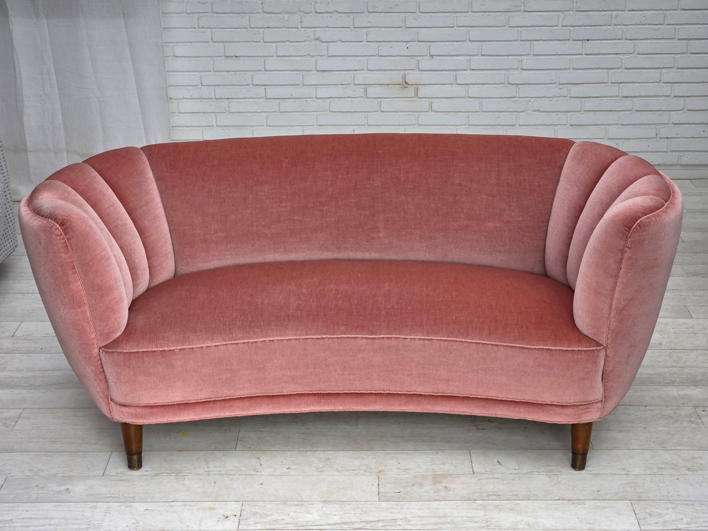 1970s, Danish 2-seater curved sofa, original salmon pink furniture velour.
