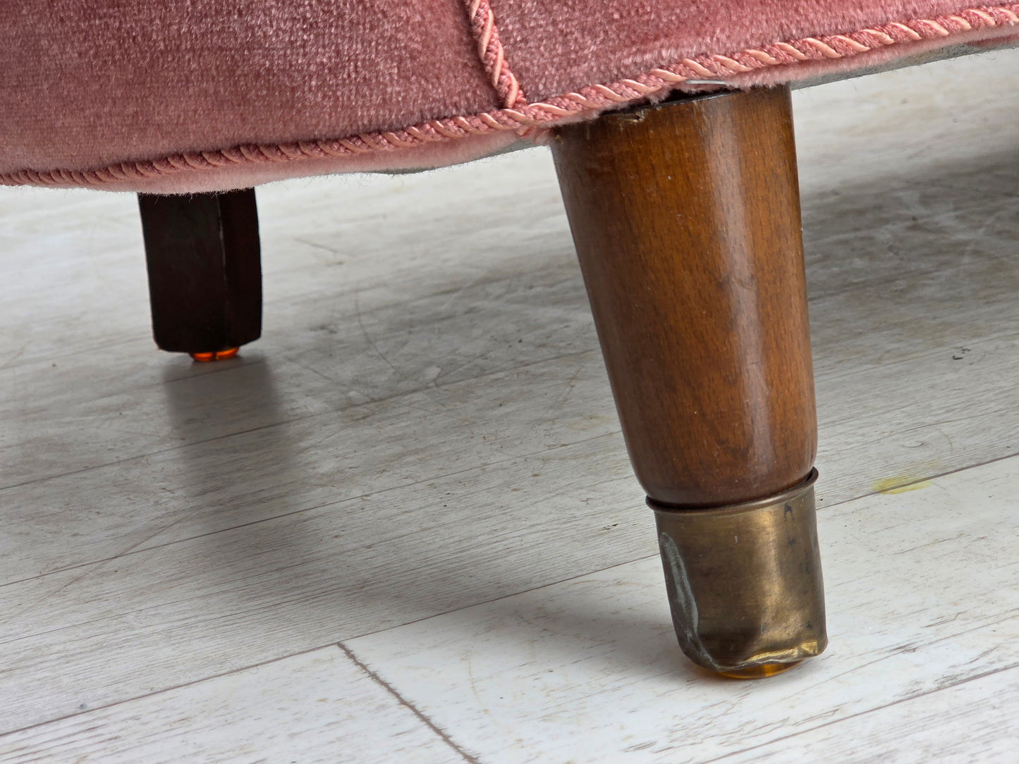 1970s, Danish 2-seater curved sofa, original salmon pink furniture velour.