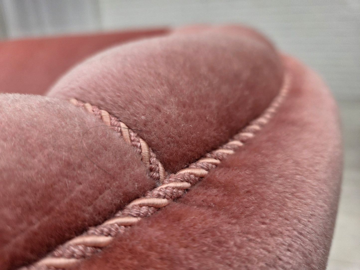 1970s, Danish 2-seater curved sofa, original salmon pink furniture velour.