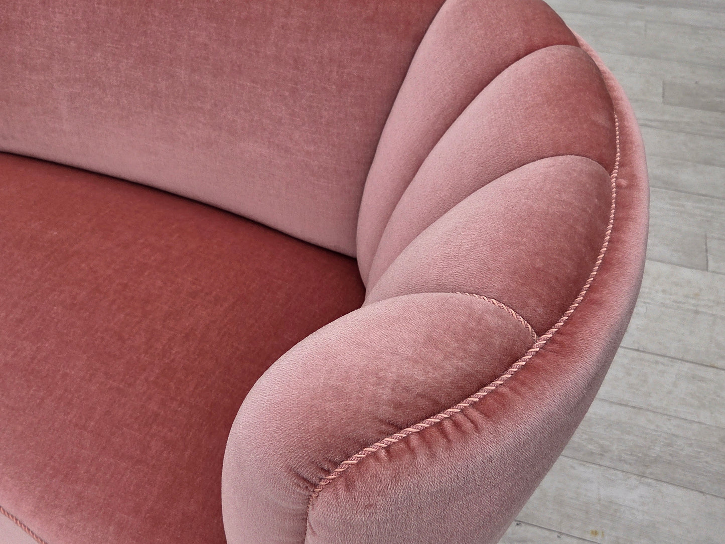 1970s, Danish 2-seater curved sofa, original salmon pink furniture velour.
