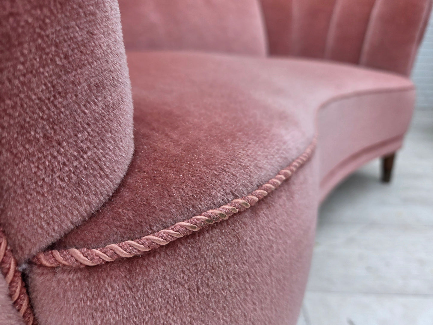 1970s, Danish 2-seater curved sofa, original salmon pink furniture velour.
