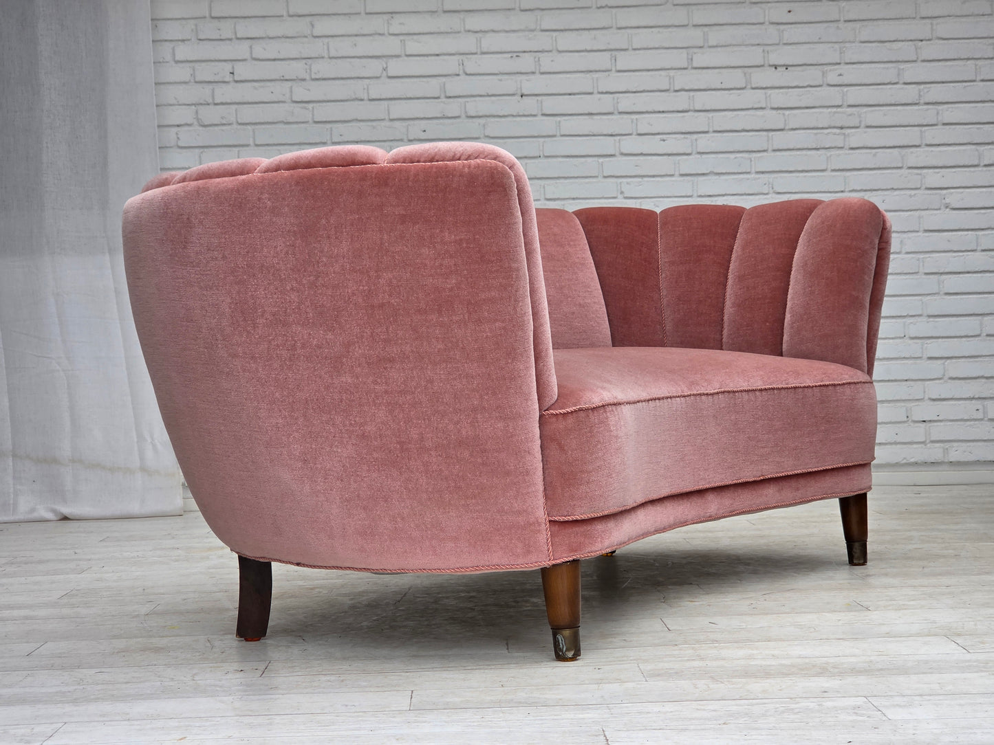 1970s, Danish 2-seater curved sofa, original salmon pink furniture velour.