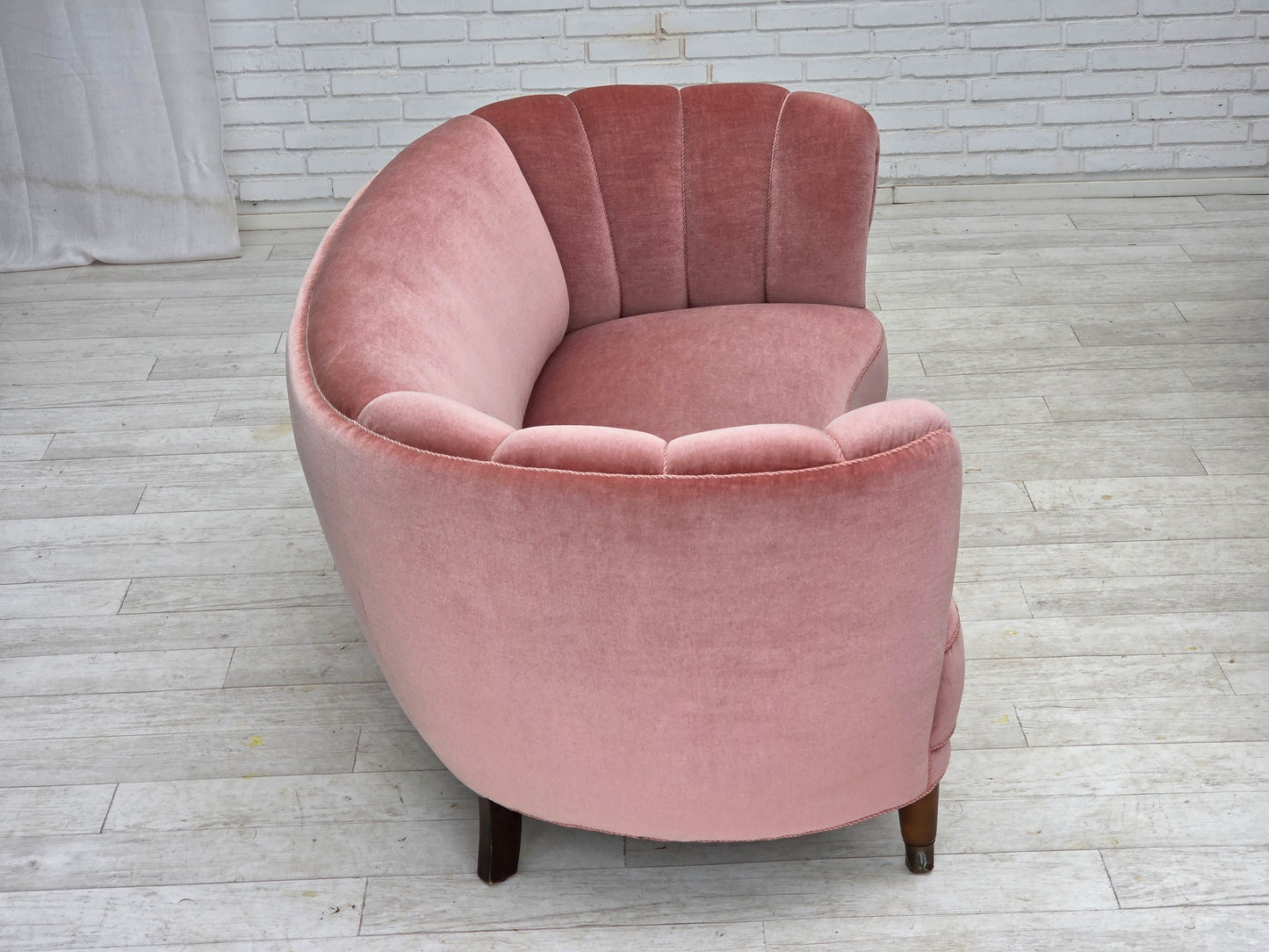 1970s, Danish 2-seater curved sofa, original salmon pink furniture velour.