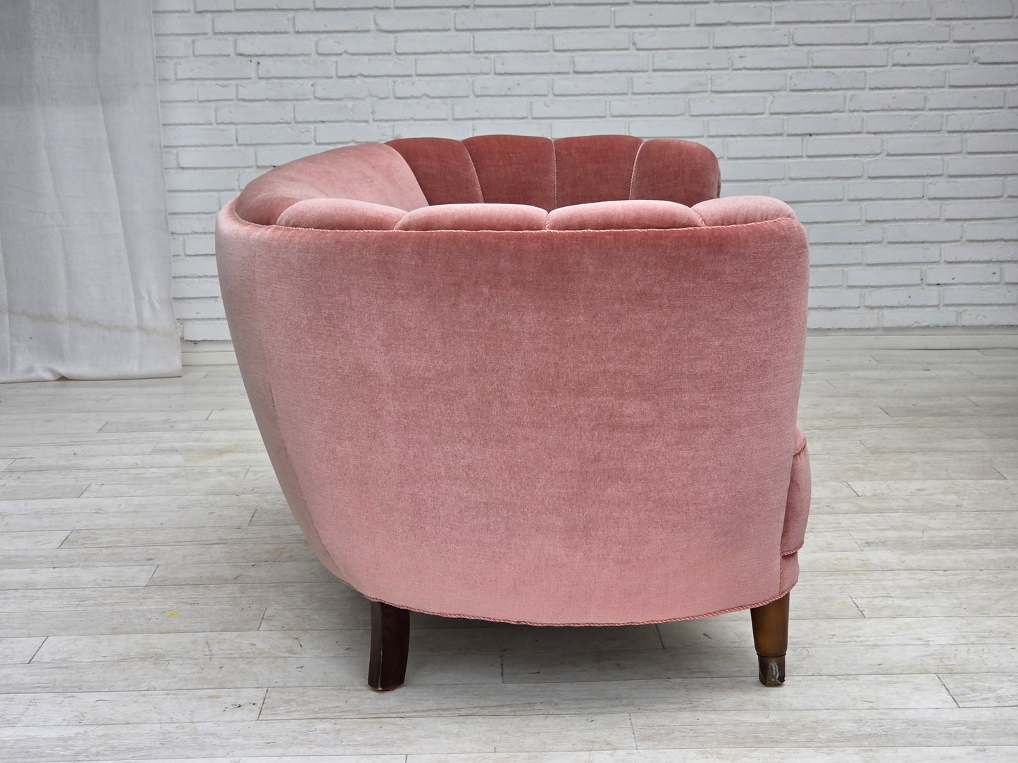 1970s, Danish 2-seater curved sofa, original salmon pink furniture velour.