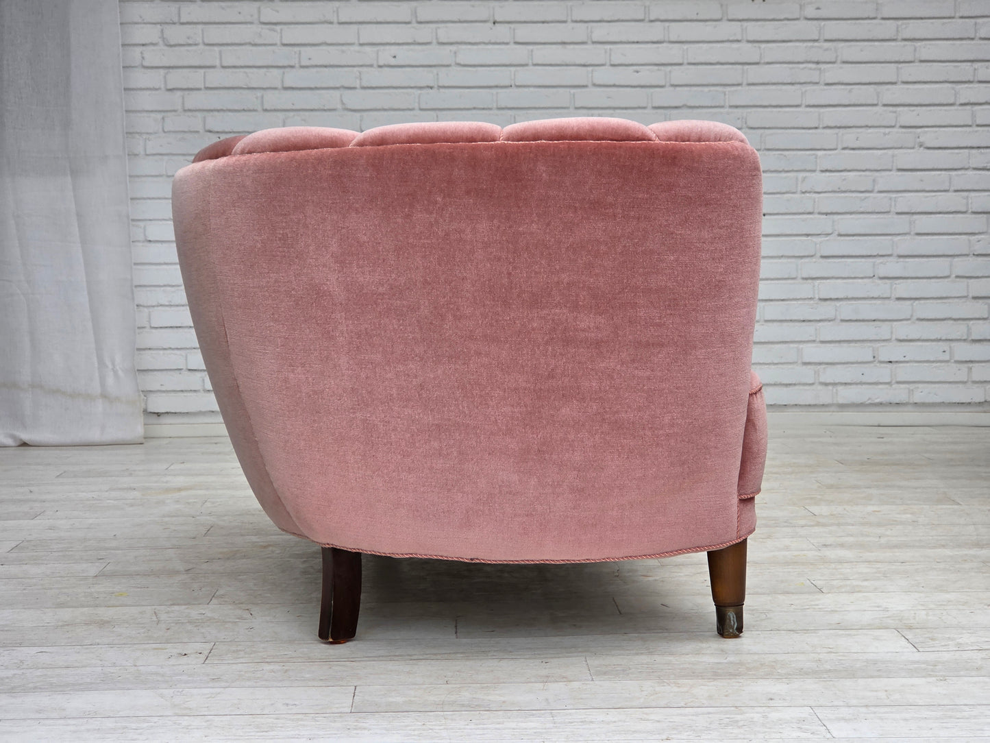 1970s, Danish 2-seater curved sofa, original salmon pink furniture velour.