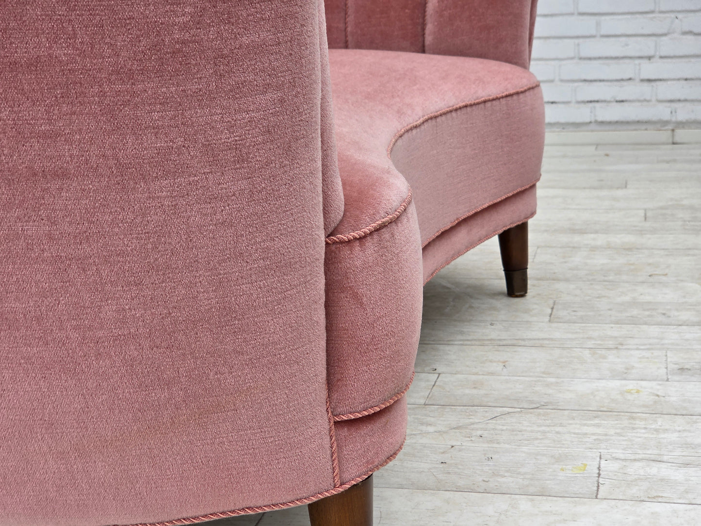 1970s, Danish 2-seater curved sofa, original salmon pink furniture velour.