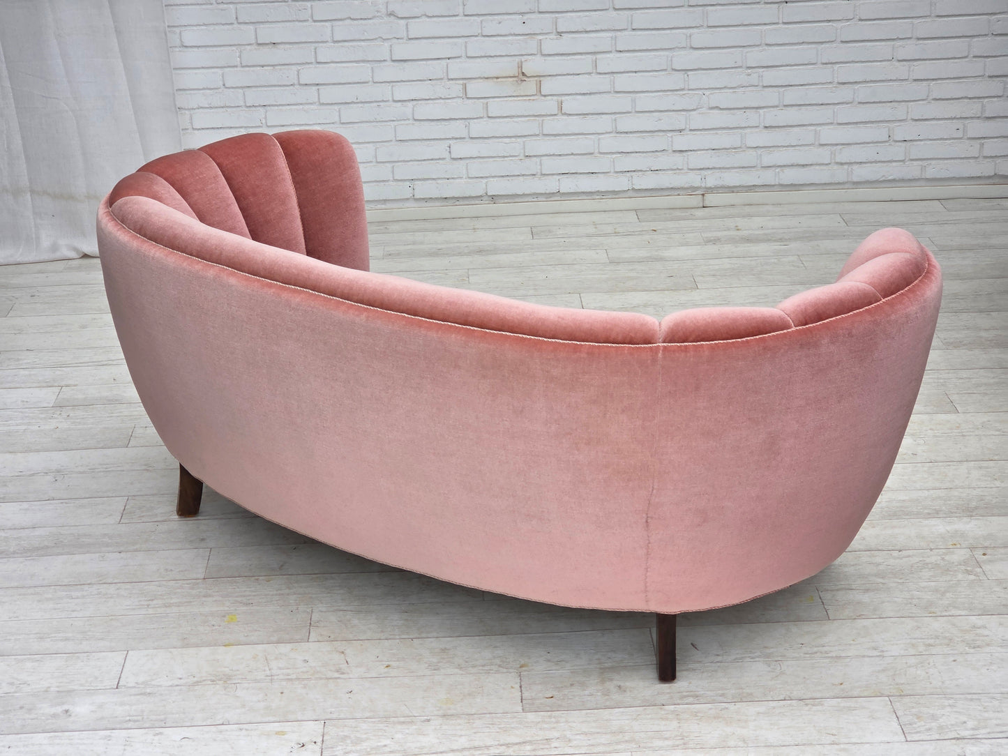 1970s, Danish 2-seater curved sofa, original salmon pink furniture velour.