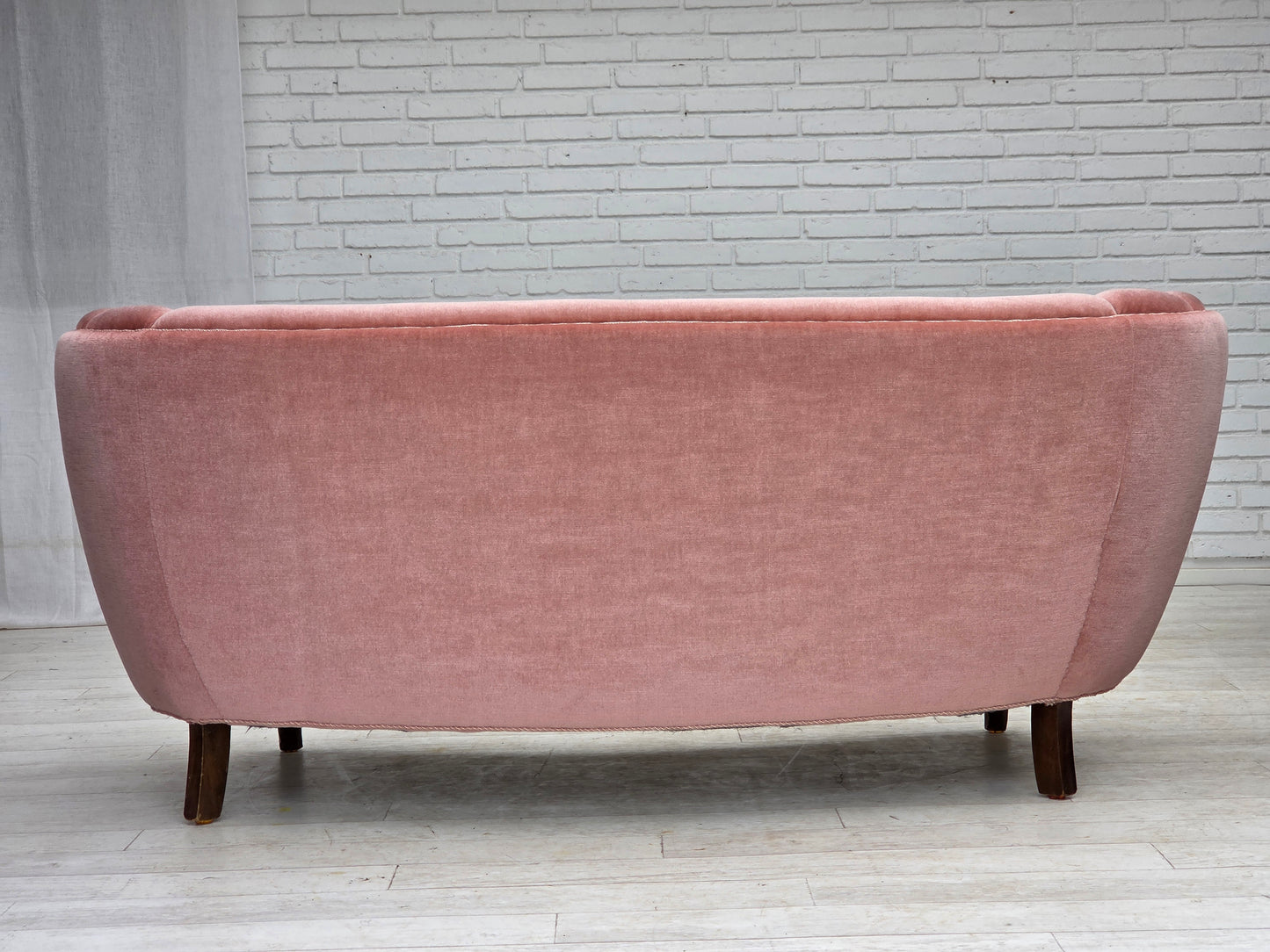 1970s, Danish 2-seater curved sofa, original salmon pink furniture velour.