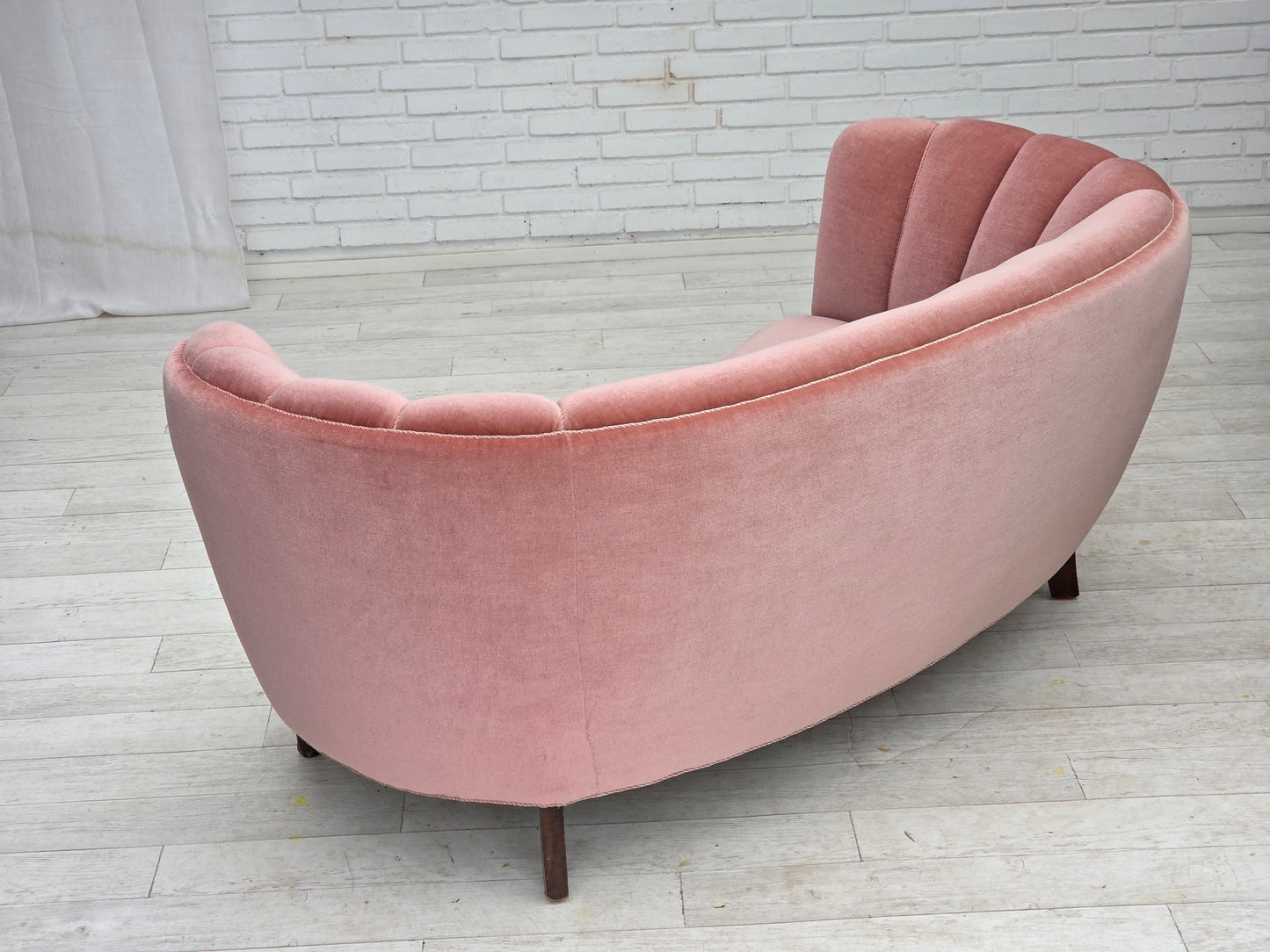 1970s, Danish 2-seater curved sofa, original salmon pink furniture velour.