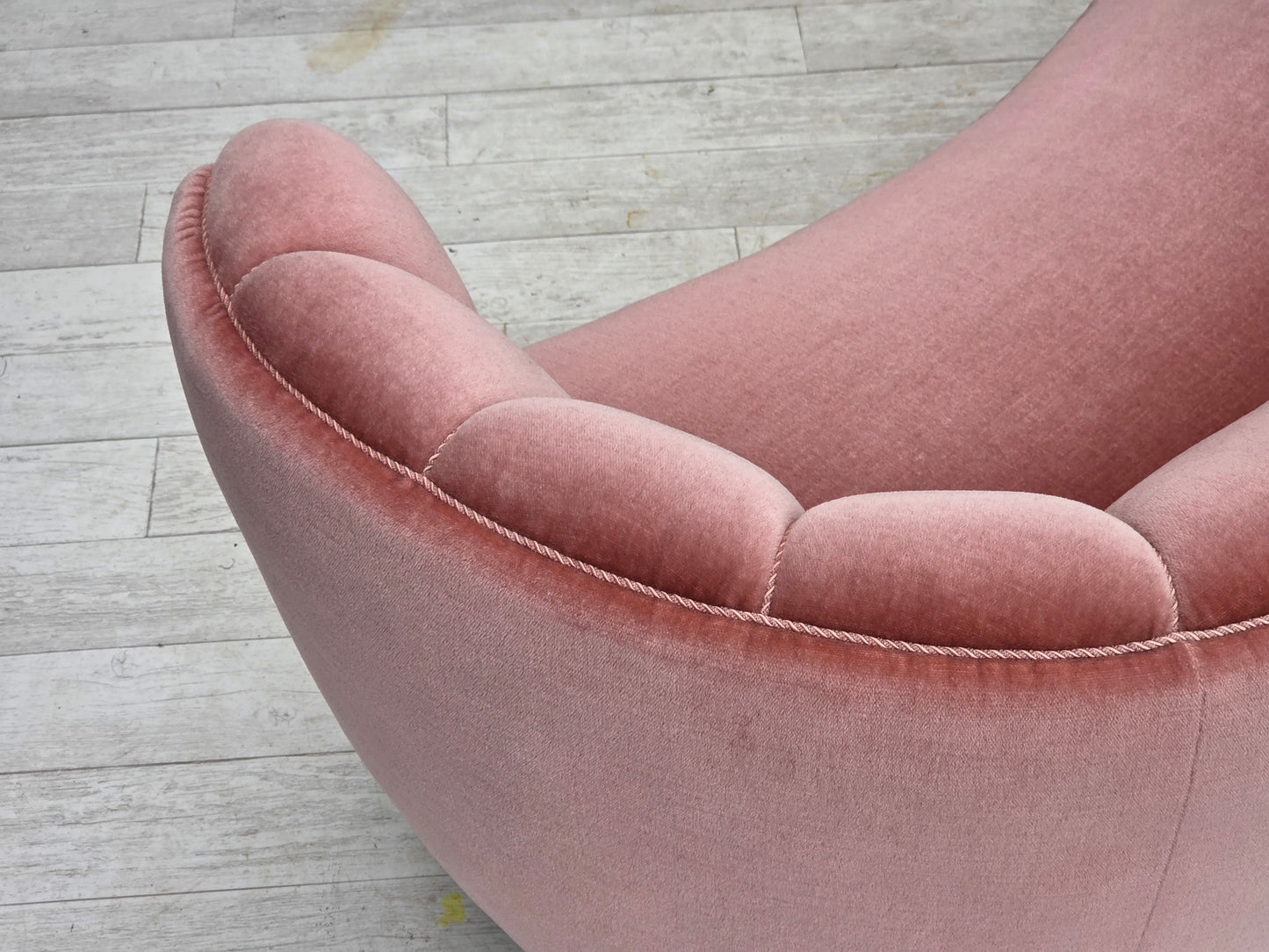 1970s, Danish 2-seater curved sofa, original salmon pink furniture velour.