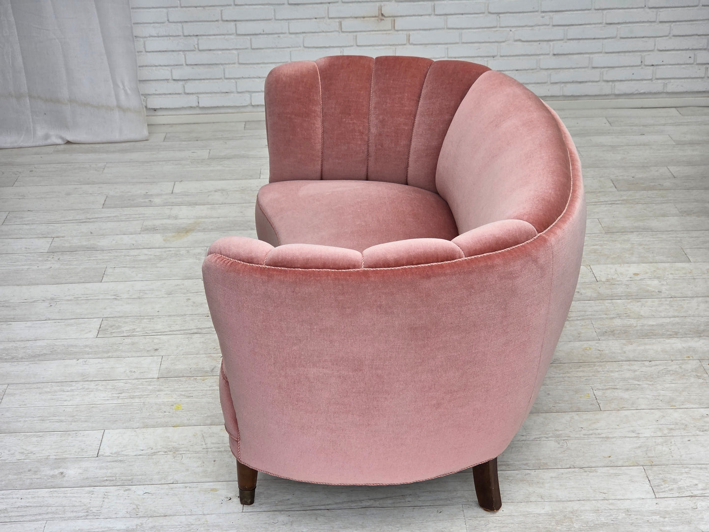 1970s, Danish 2-seater curved sofa, original salmon pink furniture velour.