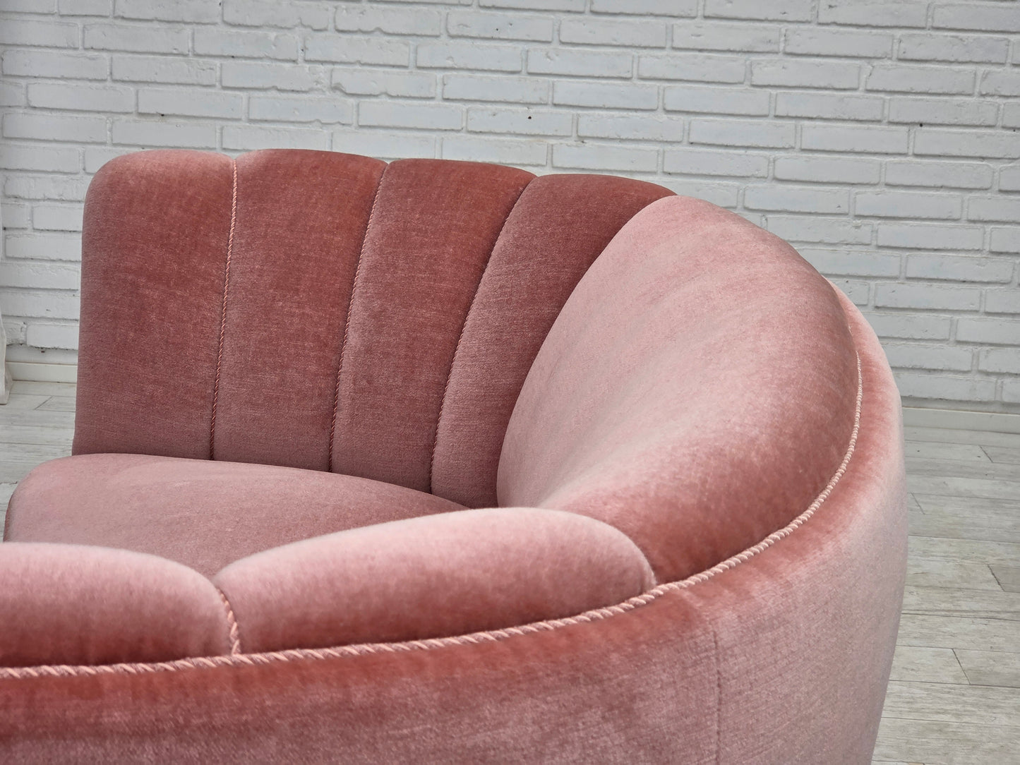 1970s, Danish 2-seater curved sofa, original salmon pink furniture velour.