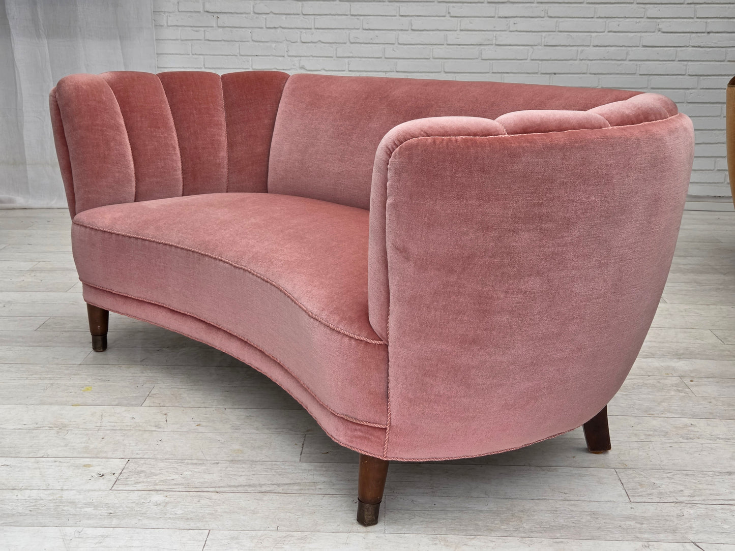 1970s, Danish 2-seater curved sofa, original salmon pink furniture velour.