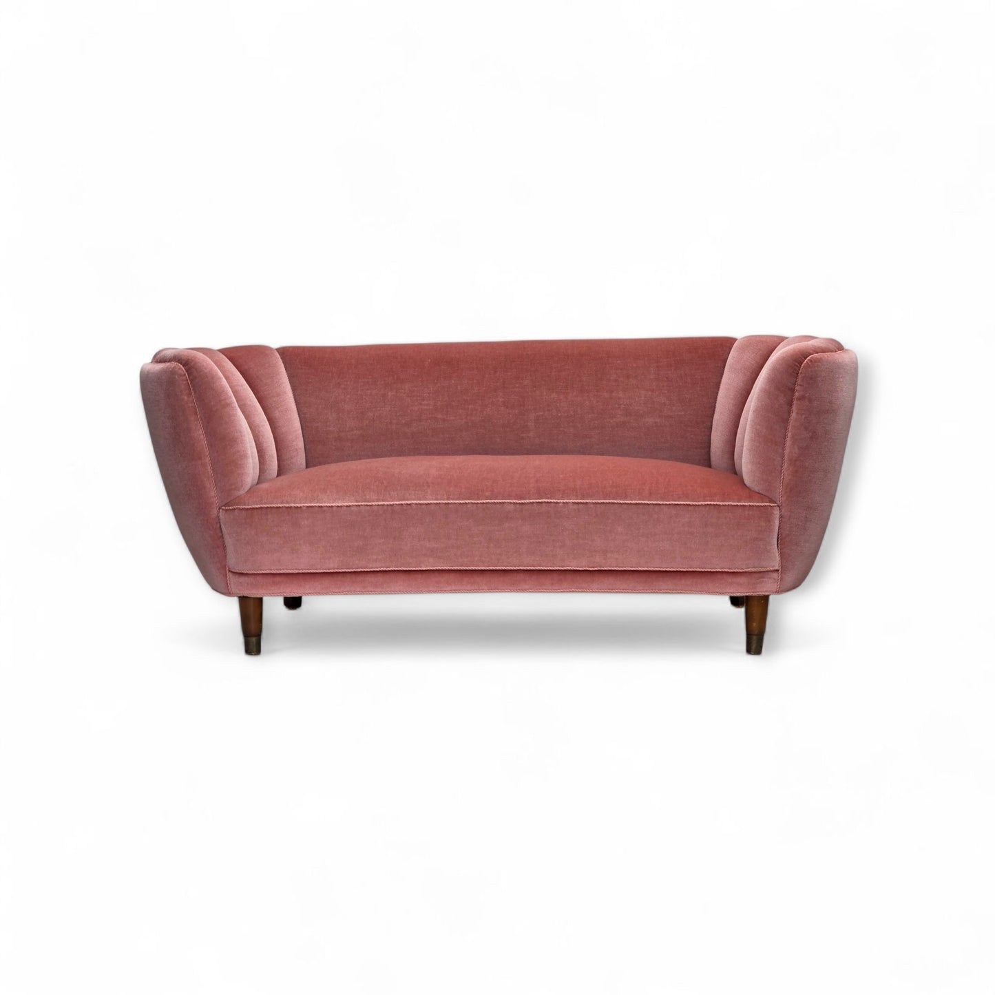 1970s, Danish 2-seater curved sofa, original salmon pink furniture velour.