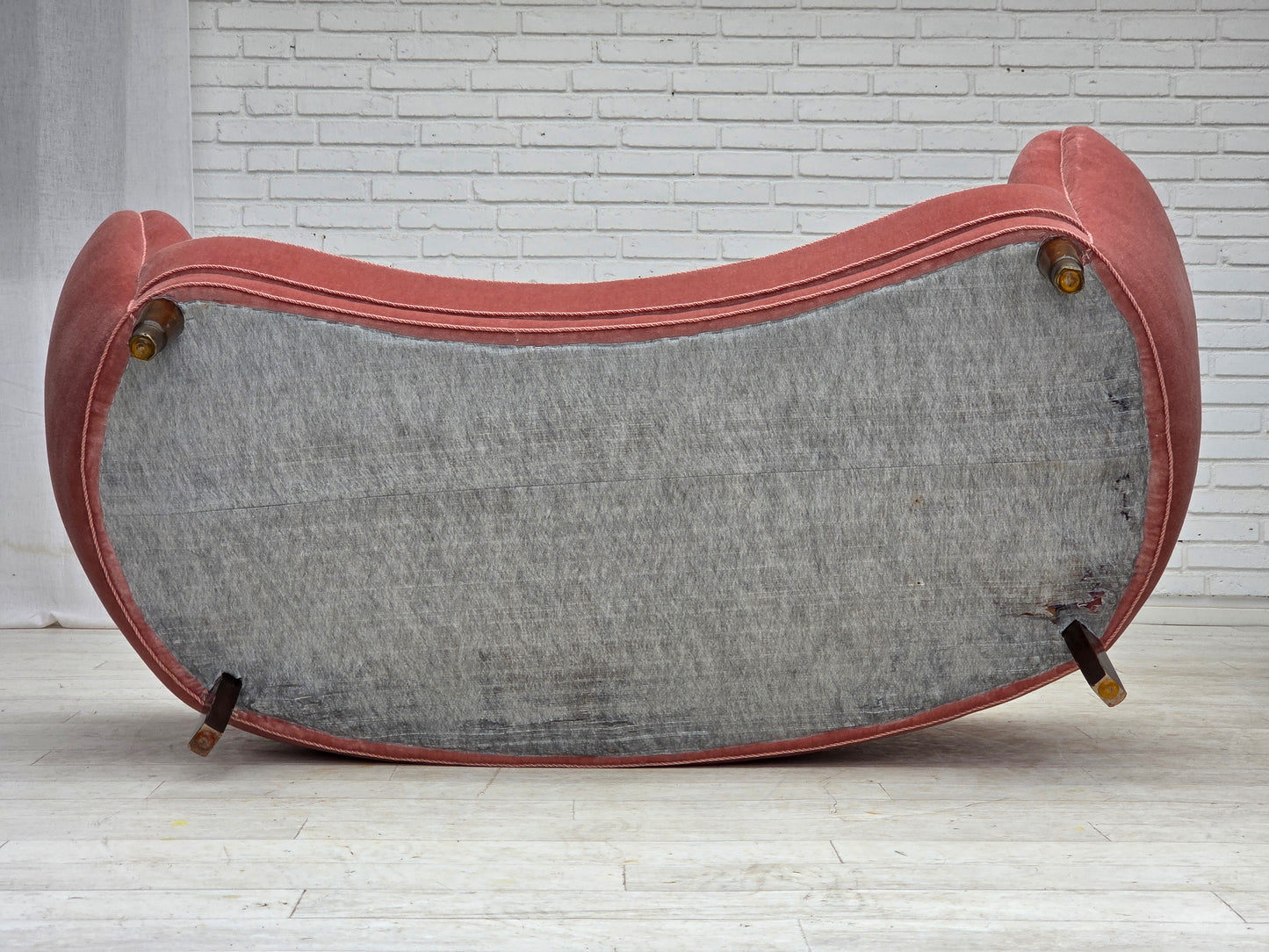 1970s, Danish 2-seater curved sofa, original salmon pink furniture velour.