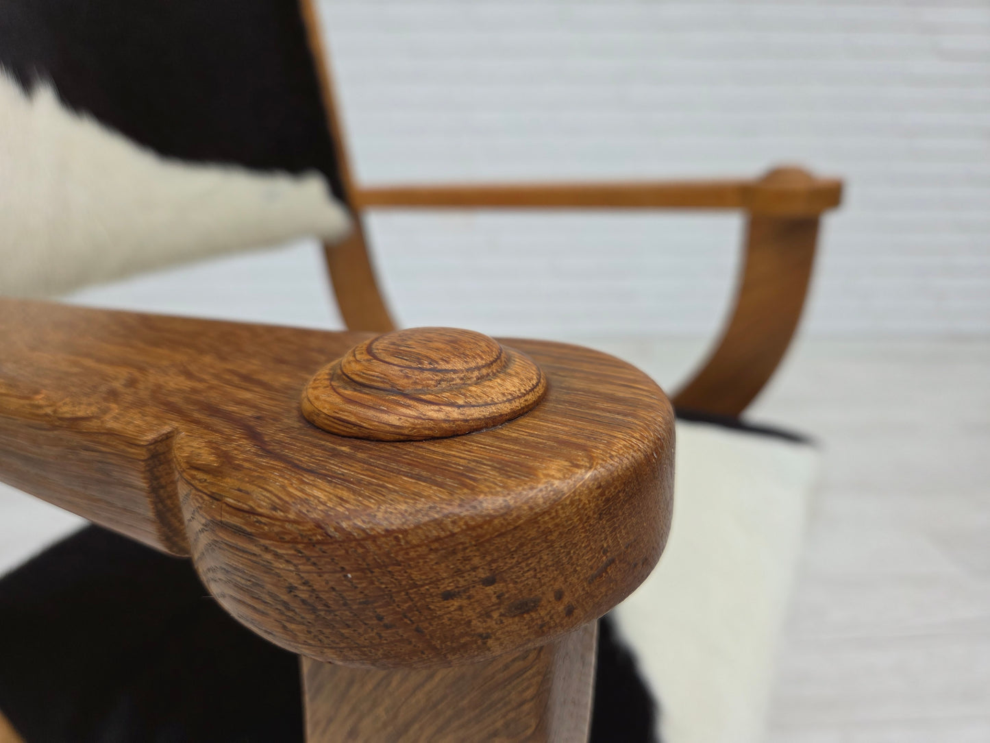 1960s, Danish highback armchair, genuine cowhide, oak wood, reupholstered.