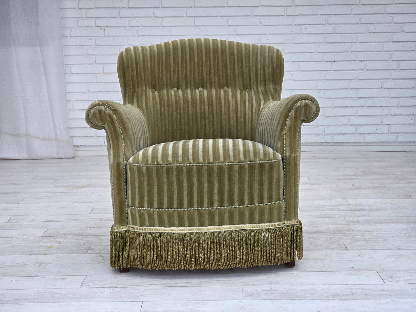 1960s, Danish armchair, original striped furniture velour, beech wood legs.