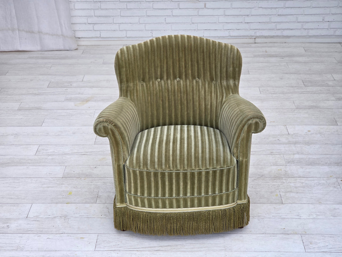 1960s, Danish armchair, original striped furniture velour, beech wood legs.