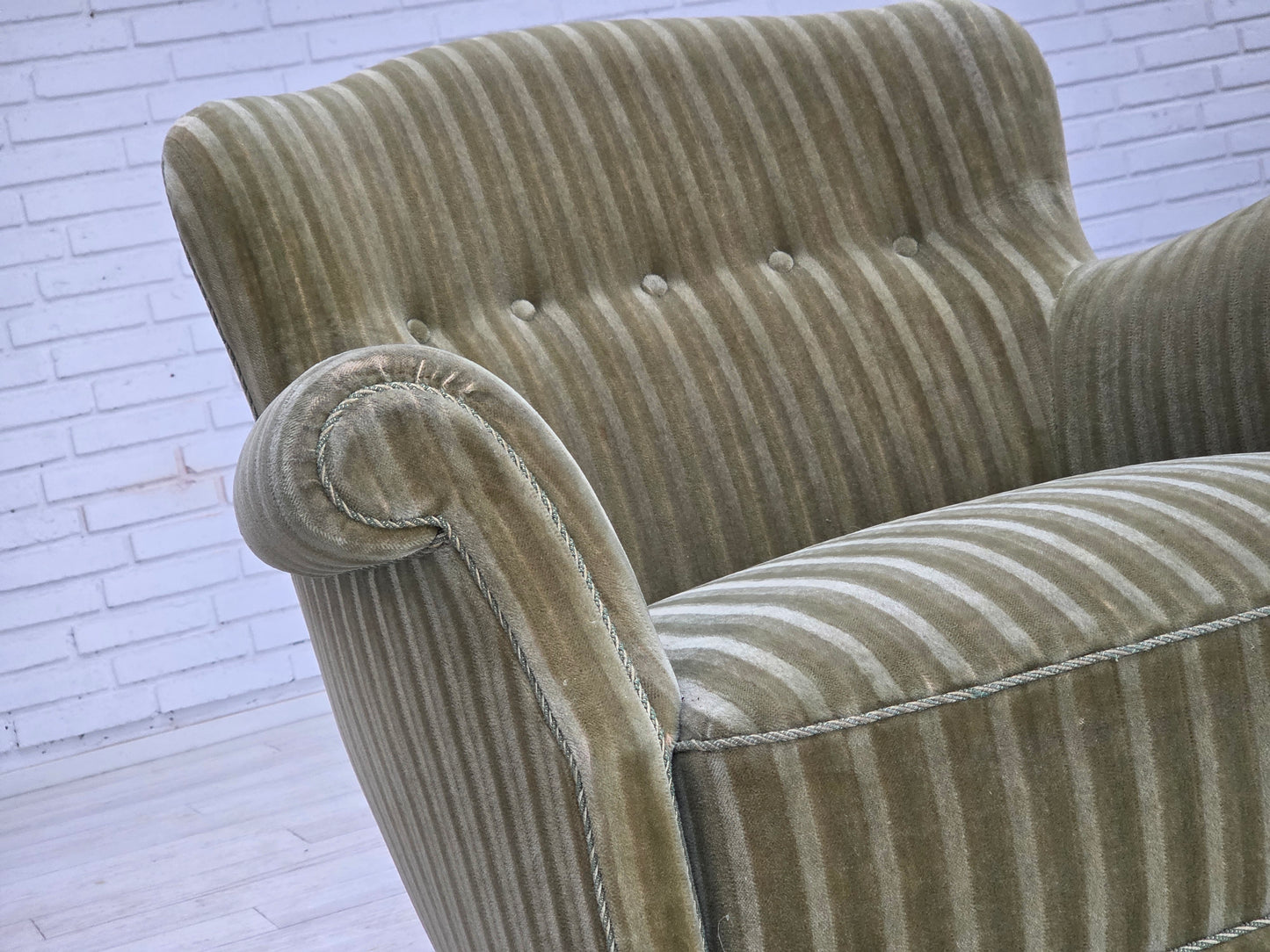 1960s, Danish armchair, original striped furniture velour, beech wood legs.