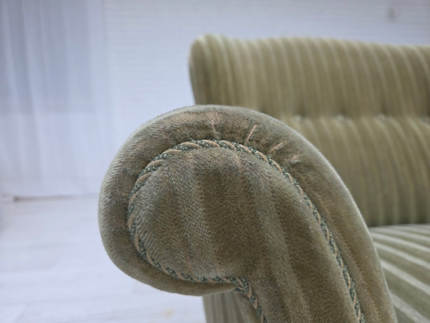 1960s, Danish armchair, original striped furniture velour, beech wood legs.